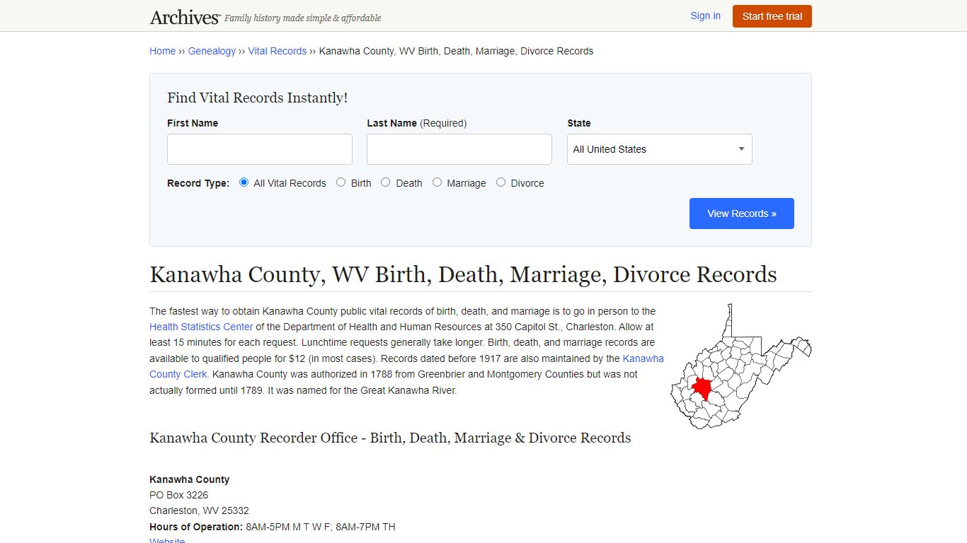 Kanawha County, WV Birth, Death, Marriage, Divorce Records - Archives.com