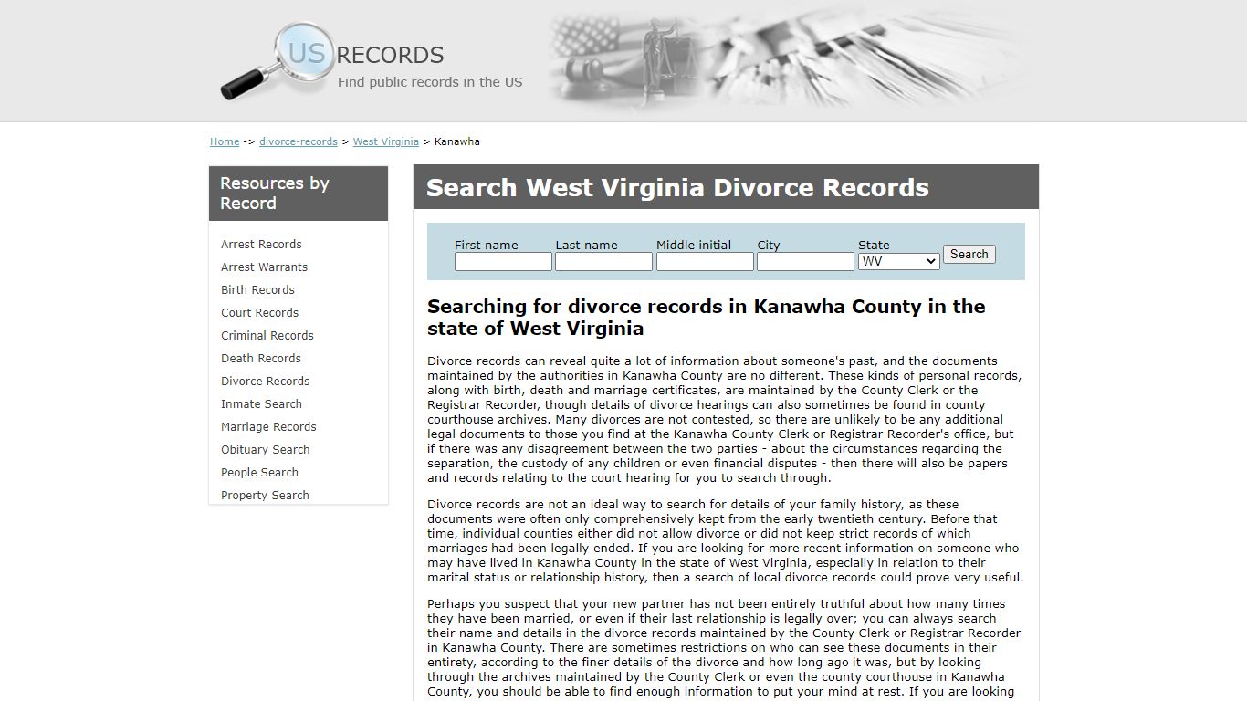 Search Divorce Records Kanawha West Virginia | US Records