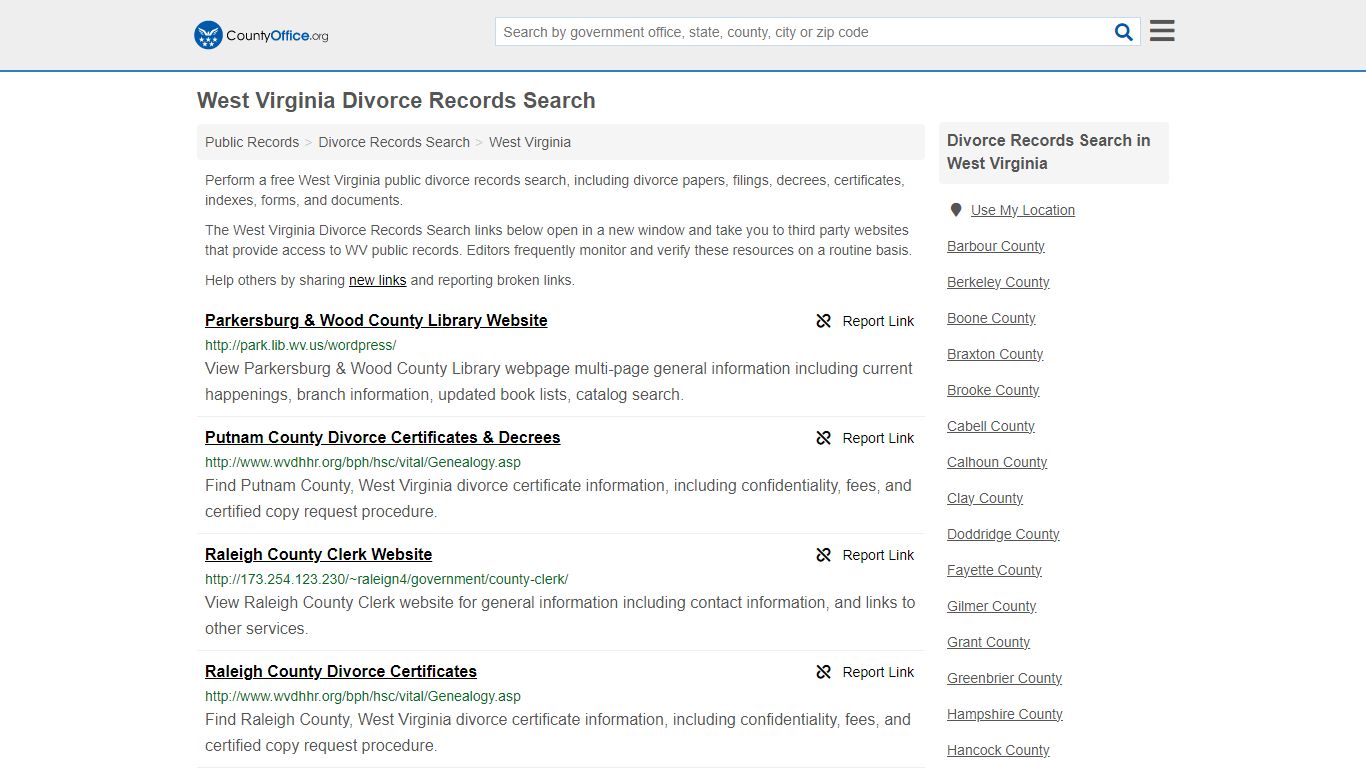 West Virginia Divorce Records Search - County Office
